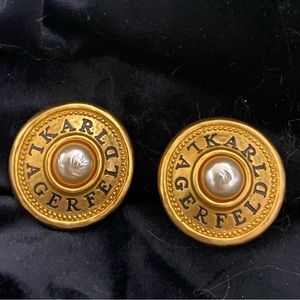 Rare vintage Karl Lagerfeld matte gold and pearl clip on button earrings.